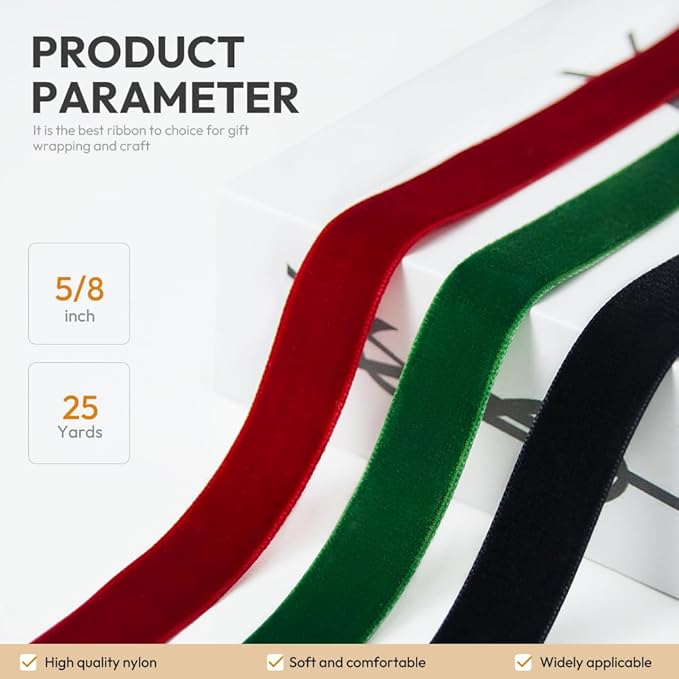 5/8" Wide Velvet Ribbon, 25 Yards - Red Velvet Ribbon on Spool for Crafts, Gift Wrapping, DIY, Hair Bows, Wedding Invitations, Parties, Valentine's Day, and Christmas