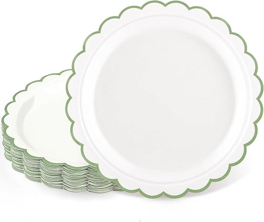 NatNarr 30 Pk Sage Green Plates 7" Scalloped Green White Dessert Cake Plate | Cute Sage Green Paper Plates Small Appetizer Plates for Baby Bridal Shower Wedding Camping, Water&Oil Resistant by NatNarr