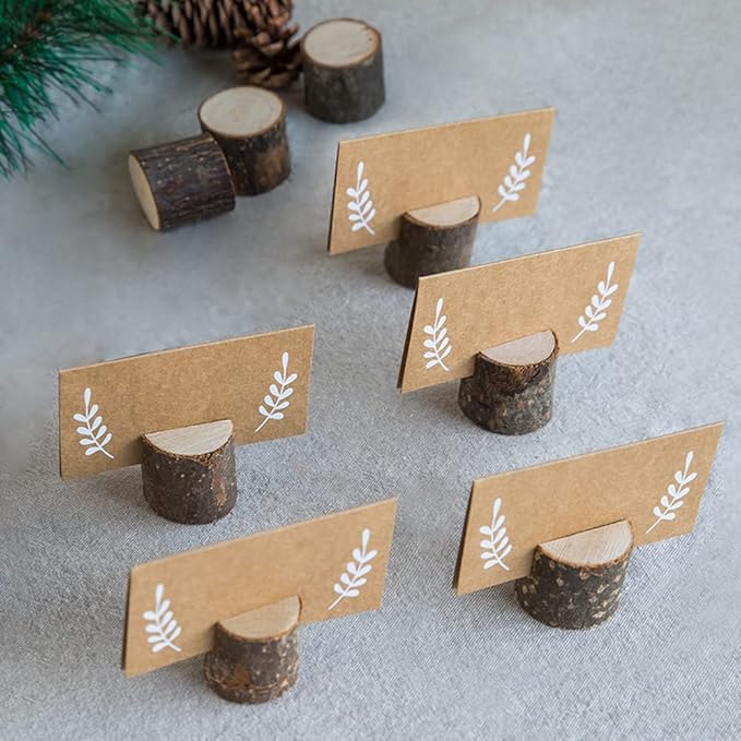 20Pcs Wood Place Card Holders and 24Pcs Kraft Table Place Cards, Rustic Table Number Holders, Food Labels, Name Card Photo Picture Holders for Harvest Fall Thanksgiving Wedding Birthday Party.
