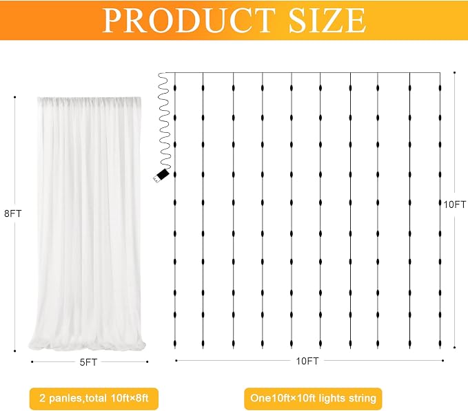 Fomcet Tulle Backdrop Curtains with Lights 10x8ft Sheer Ivory Curtain | Tulle Curtains Backdrop Sheer Backdrop Curtains for Parties Wedding Birthday Baby Shower Photoshoot Decors(2 Panels 5x10ft) - Image 2