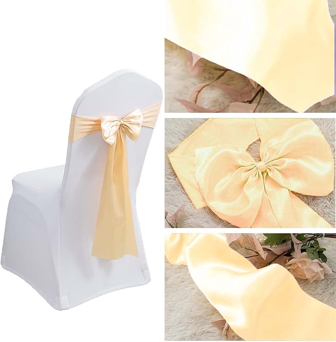 Dimatic 50 PCS Satin Chair Sashes Bows Chair Back Tie Bands for Wedding Banquet Events Reception Supplies Party Decoration Chair Cover sash (Beige) - Image 4
