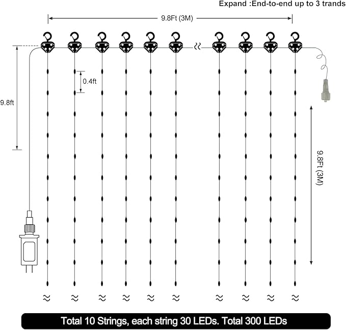 ZAIYW 10x10Ft Curtain Lights Connectable Warm White & Multicolor Changing 300 LED Curtain Lights Plug in with Remote Control Curtain String Lights Waterproof for Indoor Outdoor Decor
