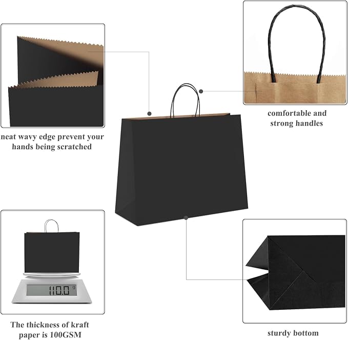GSSUSA Black Paper Gift Bags with Handles, Large Shopping Bags 16x6x12 | 200 Pack Sturdy Kraft Bulk Bags for Small Business, Grocery, Food Service, Takeout, Retail, Boutique, and Merchandise. - Image 4