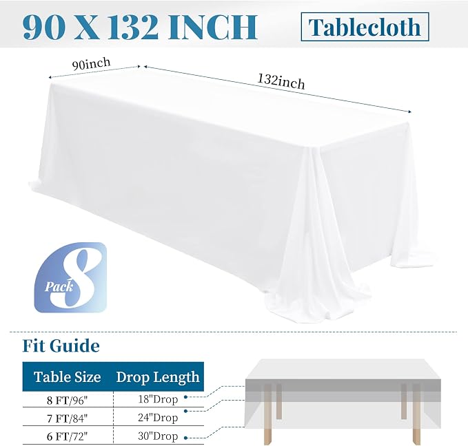 fani 8 Packs White Tablecloth - 90 x 132 Inch for 6Ft Tables | Washable Polyester Fabric, Stain Wrinkle Resistant Rectangle Table Cloth for Wedding Banquets Parties Buffet Dining - Image 2