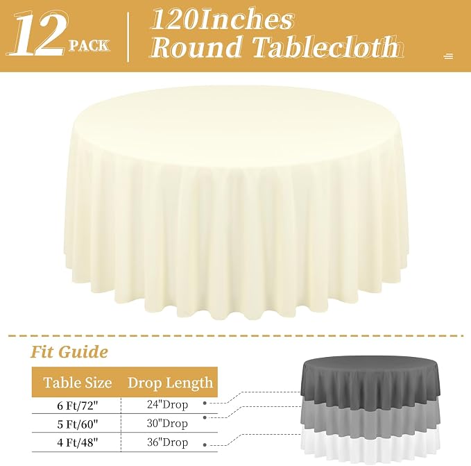 12 Packs 120 Inch Beige Round Polyester Tablecloths | Table Cover for Round Tables, Stain and Wrinkle Resistant Washable Table Cloth, Perfect for Wedding Banquet Parties - Image 2