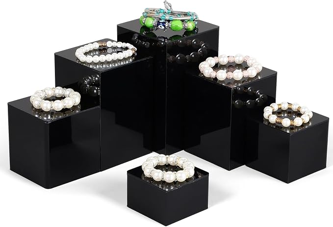Thyle Jewelry Acrylic Risers Square Cube Display Nesting Risers Figure Stand with Hollow Bottoms Display Stand Shelf for Cosmetics Food Collectibles Perfume, 6 Sizes (Black,12 Pcs) - Image 5