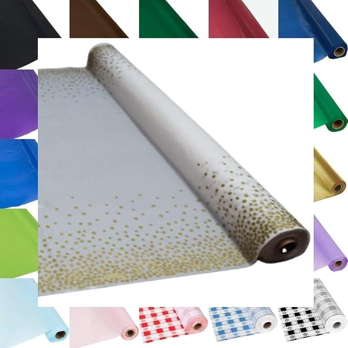 QSD White with Gold Dots Banquet Tablecloth Roll, Disposable -300 Feet Long (26 Colors) - NO Folds or Creases (Super Fast Set UP) - Quality Supplies Direct by QSD