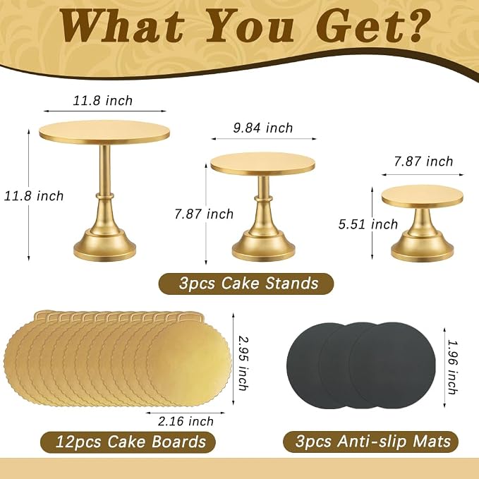 3 Pcs Cake Stand with 20Pcs Cakeboard Round, Cake Stand Set Disc Diameter 8" 10" 12", Perfect Dessert Table Display Set, Cupcake&Cake Stands for Party, Wedding, Birthday (Gold) - Image 3