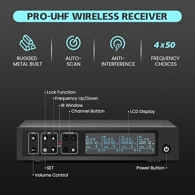 Wireless Microphone System, 4x50 Channels Cordless Handheld Microphones, 200FT UHF Range, Mics with Stable Signal Transmission for Karaoke Singing Party Church Wedding PA Speaker