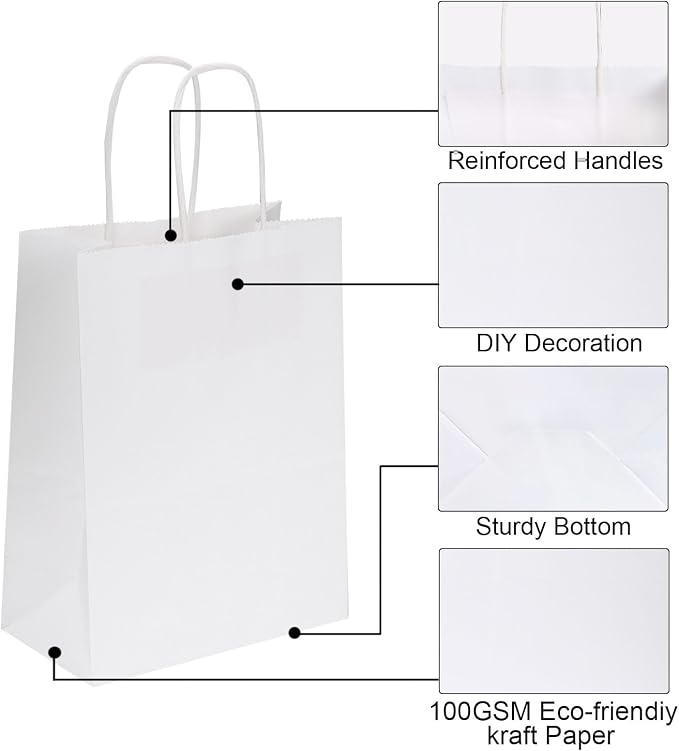 Joybe 100 Pack 5.95x3.25x8 Inch Small White Paper Bags with Handles Bulk, Kraft Paper Gift Bags for Birthday Party Favors Grocery Retail Shopping Business Goody Merchandise Craft Blank Sacks (100pcs) - Image 3