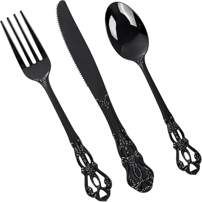 150PCS Black Plastic Silverware - Heavy Duty Disposable Cutlery Sets - Fancy Plastic Utensils Flatware Include 50 Forks, 50 Spoons, 50 Knives for Catering, Dinners, Weddings, Party