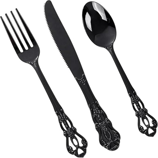 150PCS Black Plastic Silverware - Heavy Duty Disposable Cutlery Sets - Fancy Plastic Utensils Flatware Include 50 Forks, 50 Spoons, 50 Knives for Catering, Dinners, Weddings, Party