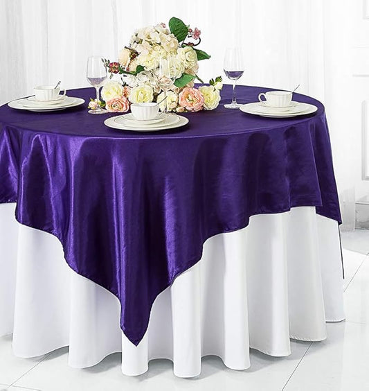 (2 PCS 54" Square Satin Table Overlays Toppers Tablecloths Table Overlay Cover Linens for Wedding Decoration Party Banquet Events - Regency Purple