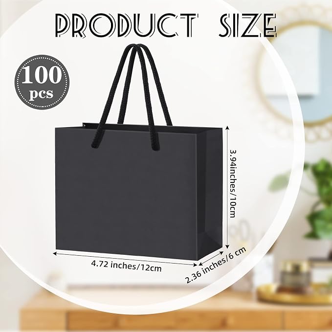 Honoson 100 Pcs Thicken Black Mini Gift Bags with Handles Gift Card Bags | 4.7 x 3.9 x 2.4 Inch, Small Paper Goodie Shopping Bags for Small Business, Party Wedding Gift Wrap Christmas - Image 2