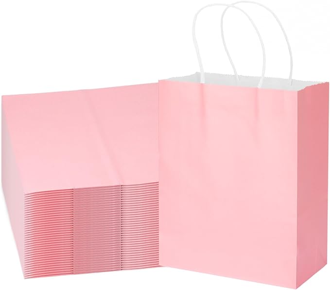 MOZRRO Gift Bags, 100 Pack 10.5x8.5x4.5 Inch, Paper Bags with Handles, Medium Size, Pink Gift Bag for Birthday, Wedding, Bulk, Party, Lunch, Goodie by MOZRRO