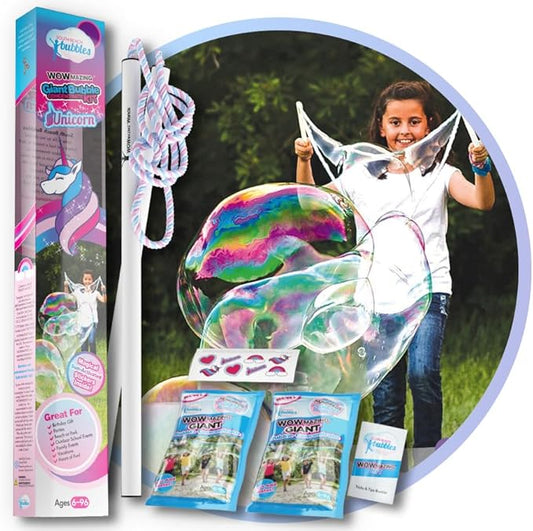 WOWMAZING Giant Bubble Kit: Unicorn - Incl. Wand, 2 Big Bubble Concentrate Pouches and 8 Sun-Activated Magical Stickers | Outdoor Toy for Kids, Girls | Bubbles Made in The USA - Unicorn Kit