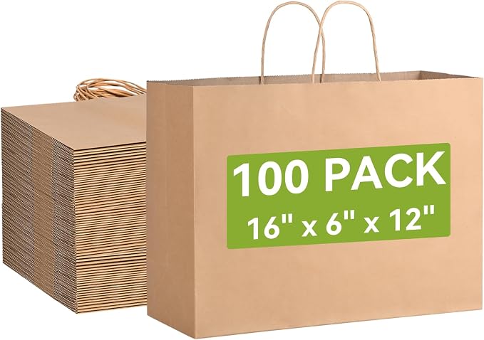 100 Pack Large Paper Gift Bags with Handles, 16 x 6 x 12 Inch, Brown | Kraft Material, Bulk Pack for Craft, Shopping, Business, Retail, Party Favor, Birthday and Grocery Use by Brothersbox