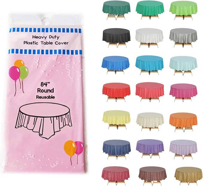 Evershine Case of 72 Pack Bulk Heavy Duty Light Pink Round 84" Plastic Table Covers Tablecloth (Reusable) (Round 84", Pink) by Evershine