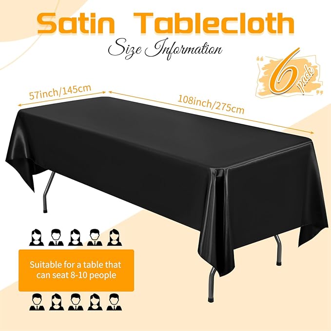 YMHPRIDE 6 Packs Satin Tablecloth 108 x 57 inch Black Rectangular Tablecloths, Overlay Satin Table Cover Bright Silk Tablecloth Smooth Fabric Table Decoration for Wedding Party Banquet Events