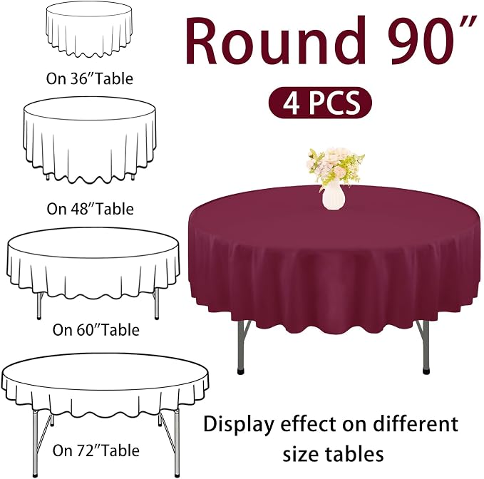 4 Pack Round Tablecloth 90 Inch Polyester Washable Fabric Table Covers for Wedding Dining Table Buffet Parties Banquet Decoration（Burgundy） - Image 2