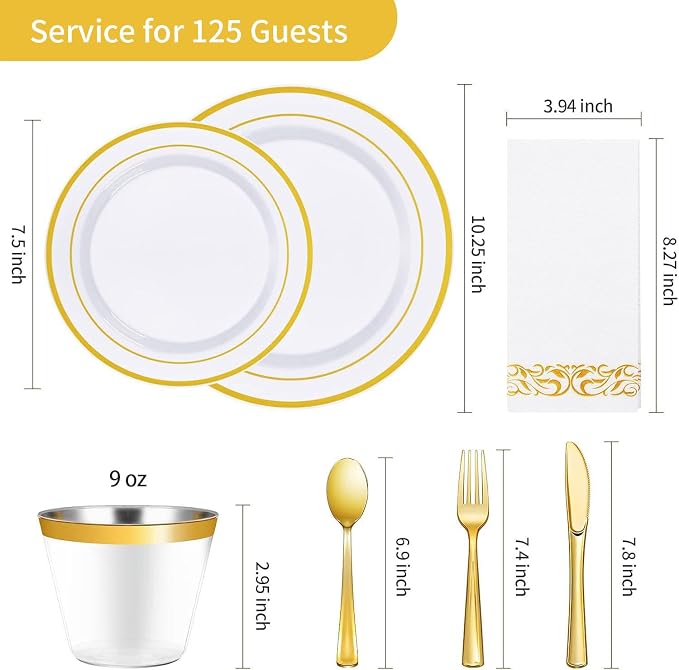 Goodluck 875 Piece Gold Dinnerware Set for 125 Guests, Bulk Dinnerware | Include: 125 Gold Rim Dinner Plates, 125 Dessert Plates, 125 Paper Napkins, 125 Cups, 125 Plastic Silverware Sets for Party - Image 4