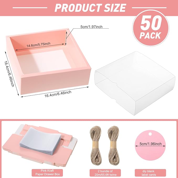 Roowest 50 Sets Kraft Homemade Gift Box Bundle with Blank Tags and Jute String (101 Items) for Jewelry Candy Wrapping Party Favor(6.5 x 6.5 x 2 Inch,Pink) - Image 2
