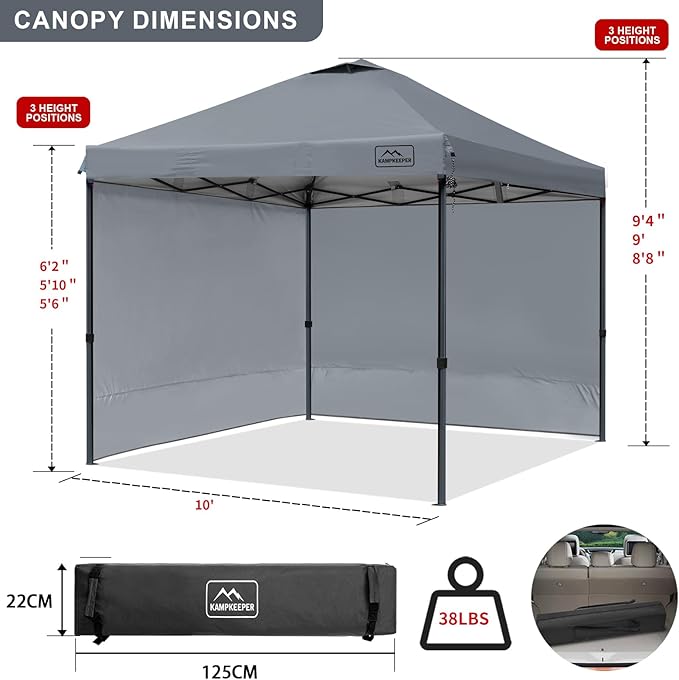 KAMPKEEPER 10x10 Pop-Up Canopy Tent, Waterproof, Portable Shade with Side Walls, Adjustable Instant Outdoor Shelter for Camping, Backyard, and Events, Grey