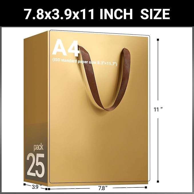 EUSOAR Paper Gift Bags, 25pcs 7.8"x3.9"x11" Gold Gift Wrap Bags with Handles Bulk, Merchandise Grocery Craft Retail Shopping Wedding Birthday Holiday Welcome Party Favor Thank You Gift Paper Bags - Image 2