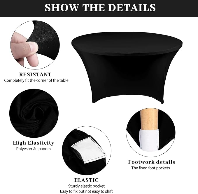 SSYAQRA 4 Pack 60 Black Spandex Tablecloth - 5FT 60 in Black Round Stretch Tablecloth Party Elastic Table Cloths Stretch Table Cover for Wedding Event and Parties - Image 3