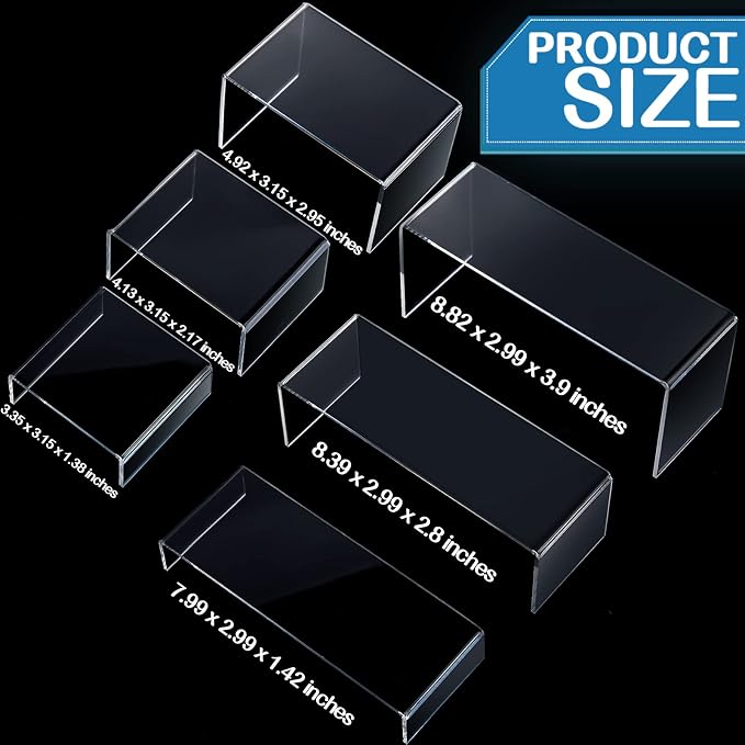 Sintuff 36 Pcs Acrylic Risers Clear Rectangular Display Stands ( 3.4”L~4”L~5”L) Showcase Collectibles Display Stands for Figures Perfume Organizer, Figures, Jewelry, Dessert, Cupcake - Image 2