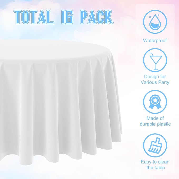 16 Pack White Plastic Tablecloth for Round Tables, Premium Decorative White Disposable Table Cloths for Parties, Bulk Round Party Table Cover for Birthday Wedding Anniversary Graduation, 84 Inch - Image 3