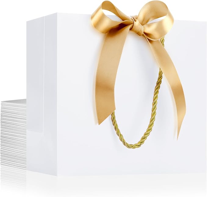 EUSOAR White Thank You Gift Bags with Handles, 20pcs 8.6"x3.9"x7" Gift Bags with Ribbon Wedding Favor Bags, Paper Wrap Treat Bag Bulk for Wedding Party Favors Grocery Birthdays Bridal by EUSOAR