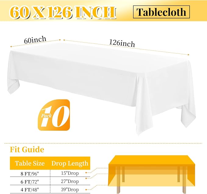 fani 10 Packs White Tablecloth - 60 x 126 Inch for 8Ft Tables | Washable Polyester Fabric, Stain Wrinkle Resistant Rectangle Table Cloth for Wedding Banquets Parties Buffet Dining - Image 2