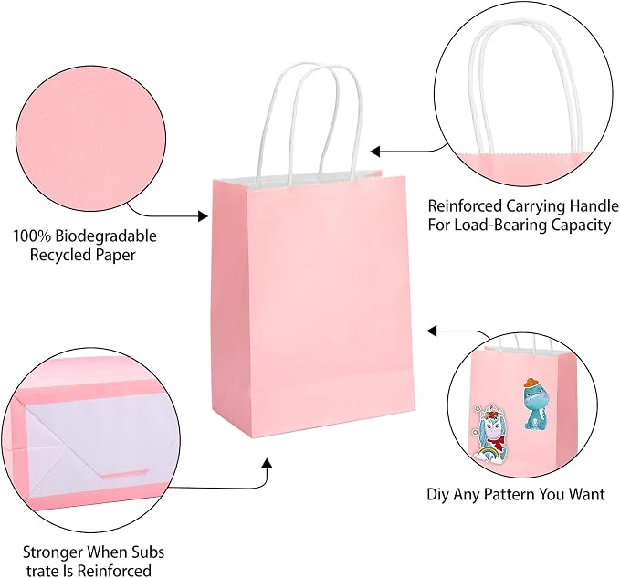 MOZRRO Gift Bags, 100 Pack 10.5x8.5x4.5 Inch, Paper Bags with Handles, Medium Size, Pink Gift Bag for Birthday, Wedding, Bulk, Party, Lunch, Goodie - Image 3