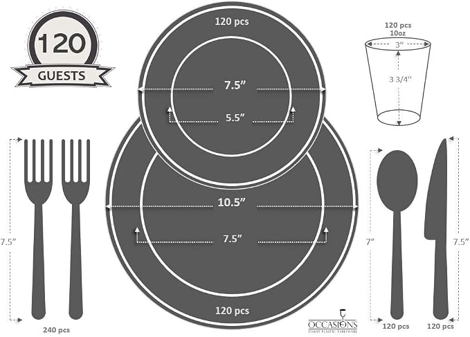 " OCCASIONS " 960pcs set (120 Guests)-Heavyweight Wedding Party Disposable Plastic Plate Set -120 x 10.5'' + 120 x 7.5'' + Silverware + Cups + Napkins (Sundance in White & Gold) - Image 7