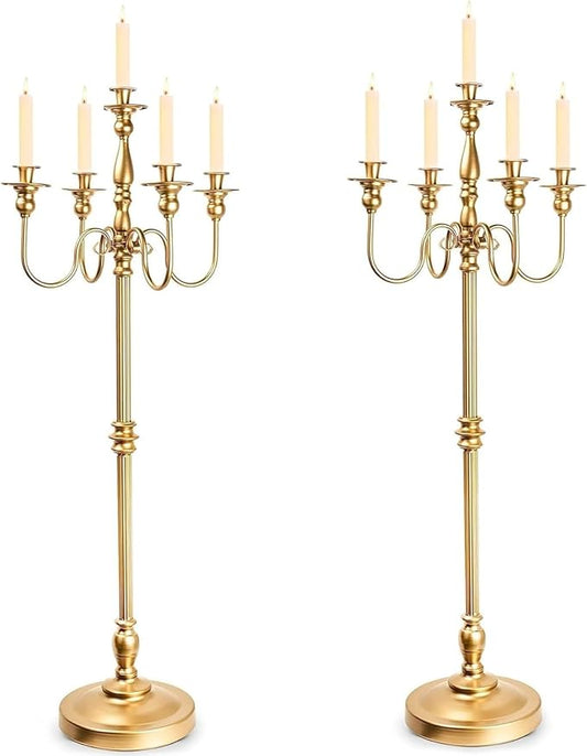 Floor Candelabra Tall 5 Arms Candle Holders for Wedding Centerpiece, 48" Gold Metal Candlestick for Taper Candle and Floral Centerpiece Stand Wedding Event Aisle Party