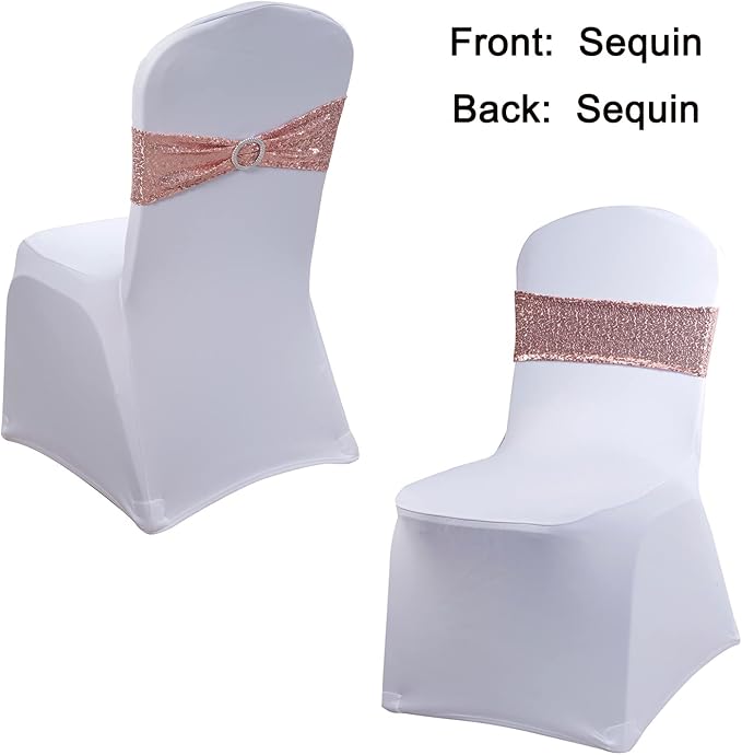 Sequin Rose Gold Chair Sashes 100 Pack, Pink Gold Sequin Chair Bows for Party Folding Chairs Decorations, Chairs Bands with Buckles for Wedding Fiestas Birthday Engagement Christmas Decor - Image 2