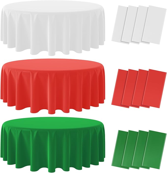 12 Pack Christmas Round Disposable Tablecloth, Red White Green Circle Plastic Tablecloth Bulk, Italy Theme Table Covers for Christmas Family Gathering Dining Banquet Italian Party Decoration,84inch by MASHAN