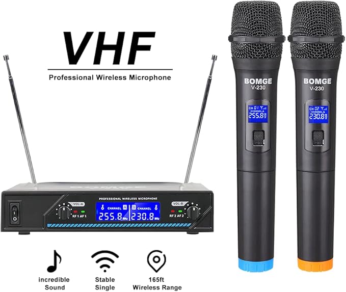 Wireless Microphone System, BOMGE Pro 4-Channel Cordless Mic Set with Four Handheld Mics, Fixed Frequency, Long Range 200ft, Ideal for Church,Karaoke, Events (V210)