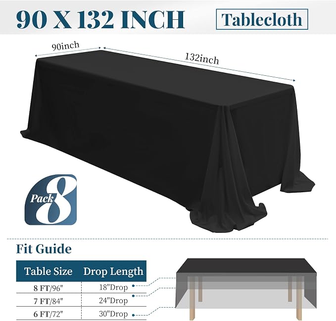 fani 8 Packs Black Tablecloth - 90 x 132 Inch for 6Ft Tables | Washable Polyester Fabric, Stain Wrinkle Resistant Rectangle Table Cloth for Wedding Banquets Parties Buffet Dining - Image 2