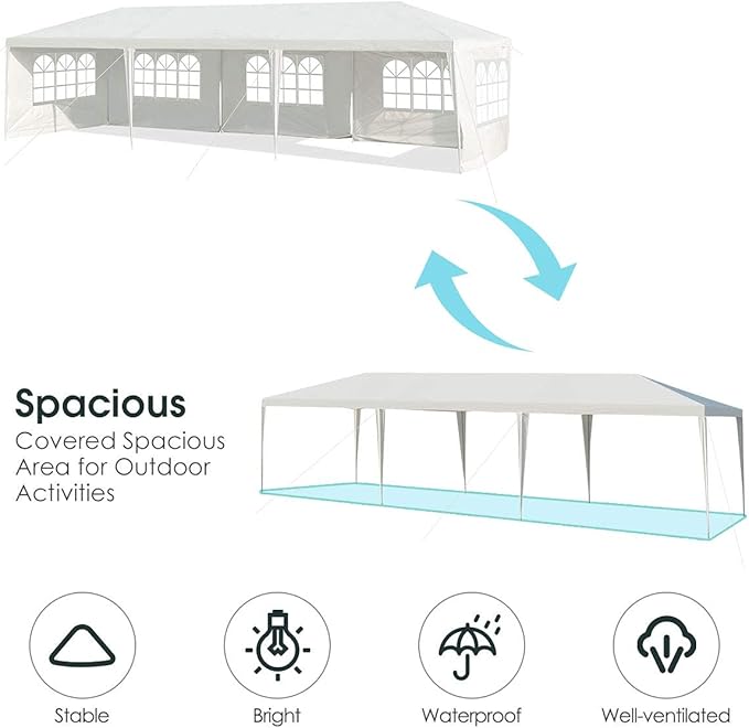 Tangkula 10' x 30' Party Tent, Portable Outdoor Tent with 5 Removable Sidewalls, and Connection Stakes, Ropes, Suitable for BBQ, Beach, Garden and Outdoor Events, Wedding Tent, White