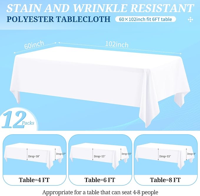 12 Pack White Tablecloths for 6ft Tables-60 x 102 Inch | Polyester Table Cover, Stain and Wrinkle Resistant Washable Fabric Table Cloth, Perfect for Wedding Banquet Parties - Image 2