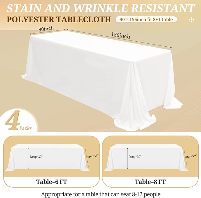 4 Pack White Tablecloths for 8ft Tables-90 x 156 Inch | Polyester Table Cover, Stain and Wrinkle Resistant Washable Fabric Table Cloth, Perfect for Wedding Banquet Parties - Image 2