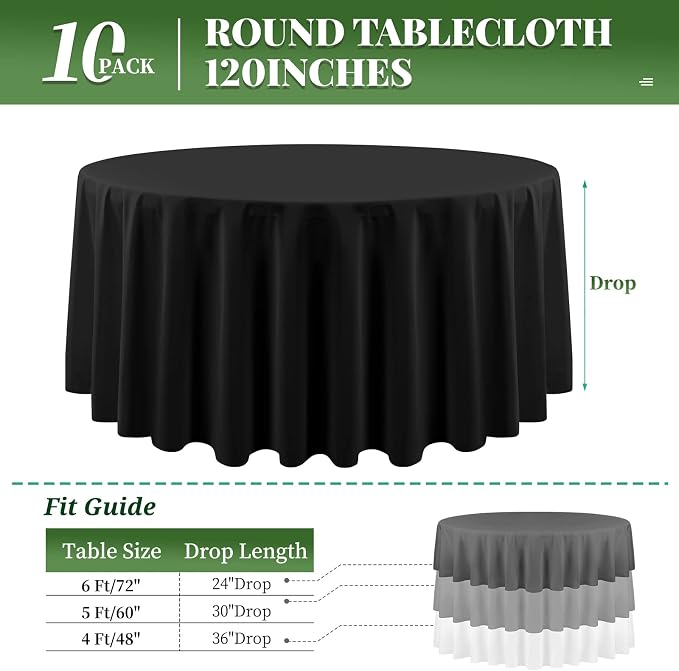 10 Pack Black Round Tablecloth 120 Inch Round Table Cloth Washable Polyester Fabric Bulk Linen Tablecloths Round Table Cover for Parties Wedding Banquet Buffet Dinning - Image 2