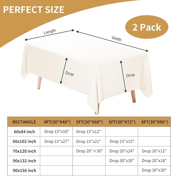 Fixwal 2 Pack 60 x 102 Inch Tablecloths Rectangle Ivory Table Cover | Polyester Fabric,Reusable, Machine Washable And Ironable, Ideal For Party, Banquet And Dining - Image 3
