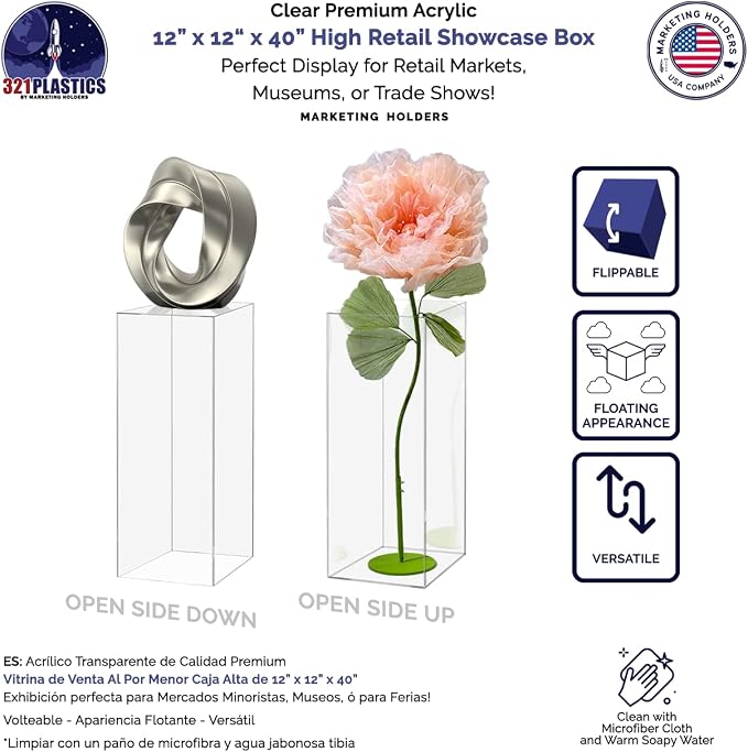 Acrylic Display Riser Box Tall Platform 12" x 12" x 40" No Lid Clear Risers Showcase Collectibles Pedestals Flower Tower 5 Sides Clear Hollow One Piece No Assembly Required by Marketing Holders - Image 4