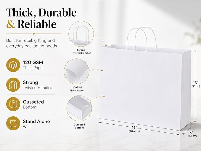 Large Kraft Paper Bags with Handles Bulk for Shopping,70 Pack,White | 16x6x12 Inch,120GSM,Thick,Durable,8LB Load,Heavy Duty for Retail ,event,boutiques,corporate gifts,wedding,party - Image 4