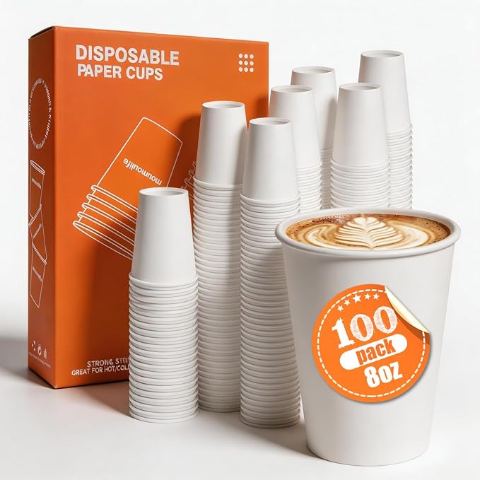 MOUMOULIFE Disposable Paper Coffee Cups 8 oz 100 Count, Leak-Proof White Hot/Cold Paper Cups for Coffee, Tea, Water, Ideal for Kids, Office, Party, School, Home - Image 2