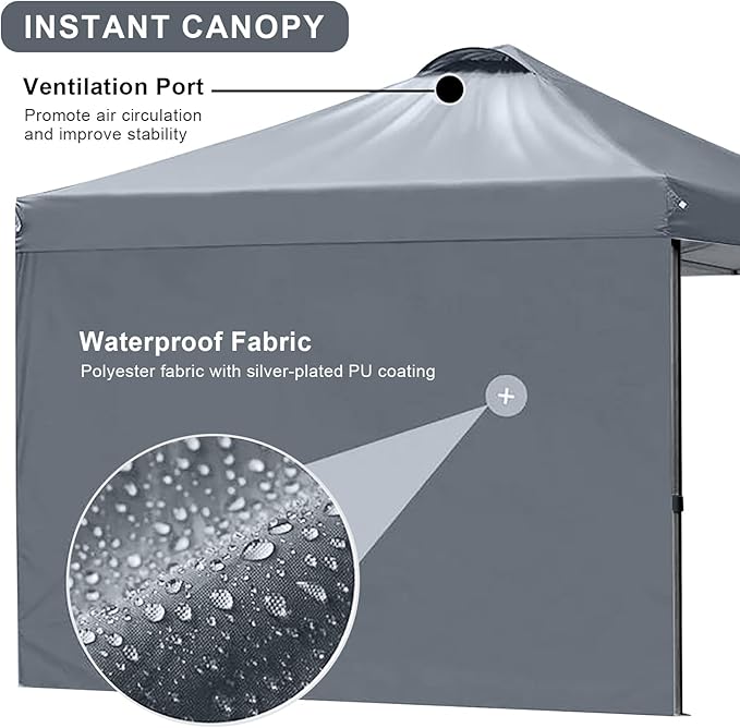 KAMPKEEPER 10x10 Pop-Up Canopy Tent, Waterproof, Portable Shade with Side Walls, Adjustable Instant Outdoor Shelter for Camping, Backyard, and Events, Grey