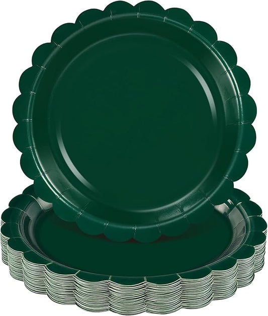 30 Pcs Dark Green Plates 9 Inch Scalloped Green Paper Plates Disposable Dessert Dinner Plate for Wedding, Master Party, Bridal Baby Shower